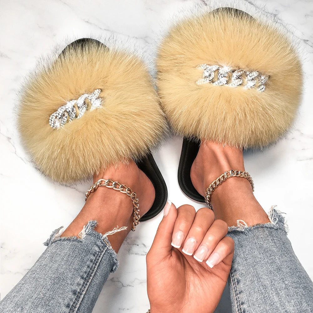 Real Fox Sandals Furry Fur Slippers Fluffy Diamond Chain Flip Flops Fur Slides For Women Ladies House Slippers Beach Designer