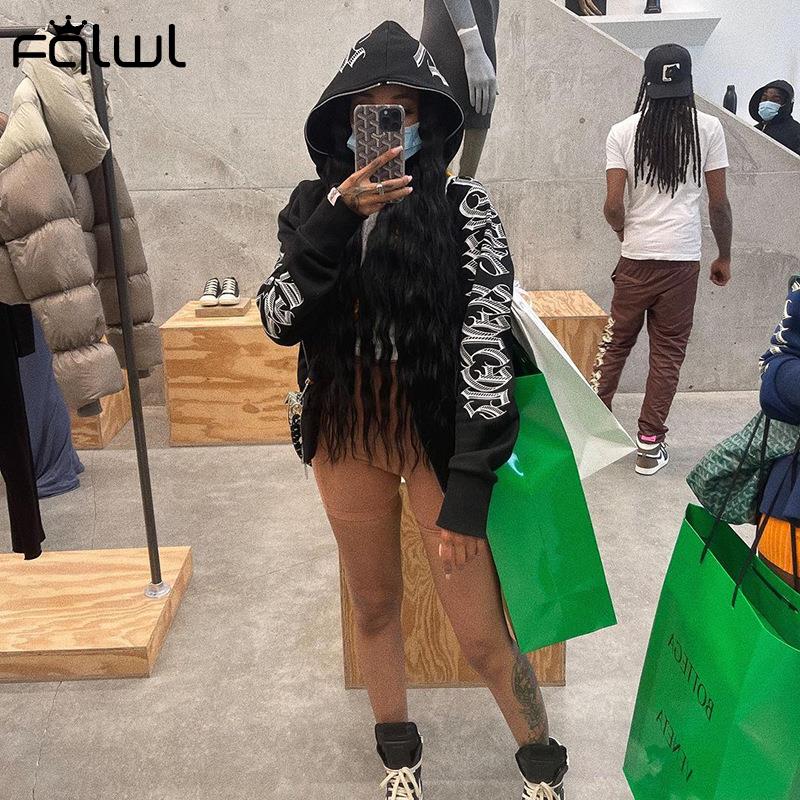 FQLWL Retro Letter Print Hoodies Autumn Winter High Street Zip Up Long Sleeve Jacket Coats Y2k Oversized Hooded Sweatshirts