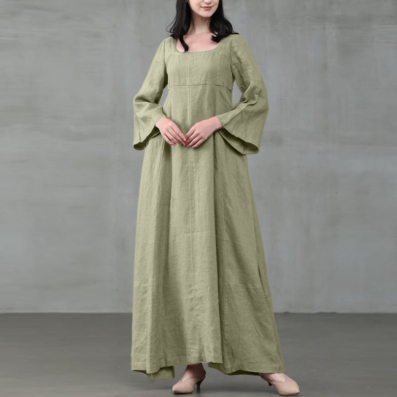 2023 ZANZEA Women Autumn Dress Vintage Square Collar Long Flare Sleeve Sundress Loose Party Dresses Robe Casual Cotton Vestido7