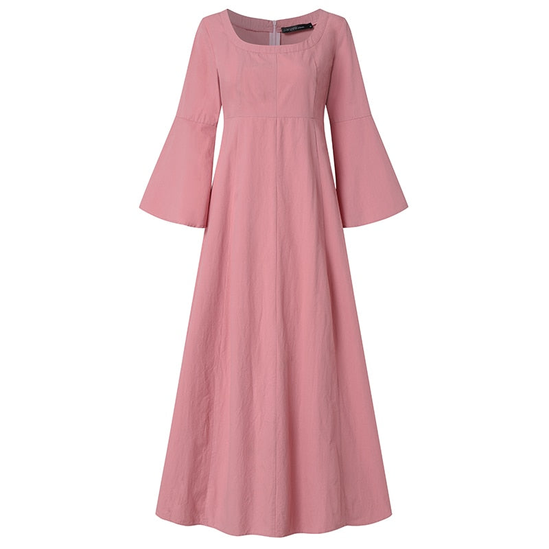 2023 ZANZEA Women Autumn Dress Vintage Square Collar Long Flare Sleeve Sundress Loose Party Dresses Robe Casual Cotton Vestido7