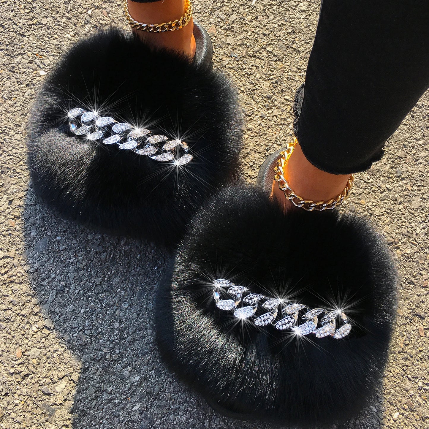 Real Fox Sandals Furry Fur Slippers Fluffy Diamond Chain Flip Flops Fur Slides For Women Ladies House Slippers Beach Designer
