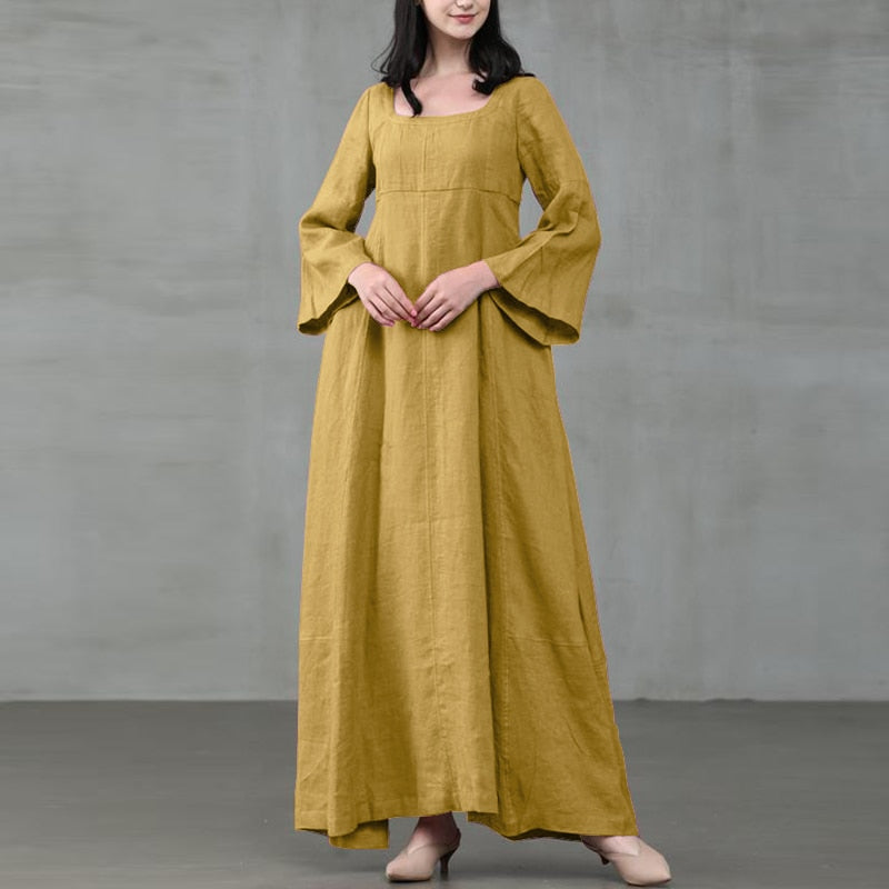 2023 ZANZEA Women Autumn Dress Vintage Square Collar Long Flare Sleeve Sundress Loose Party Dresses Robe Casual Cotton Vestido7