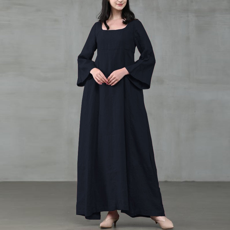 2023 ZANZEA Women Autumn Dress Vintage Square Collar Long Flare Sleeve Sundress Loose Party Dresses Robe Casual Cotton Vestido7