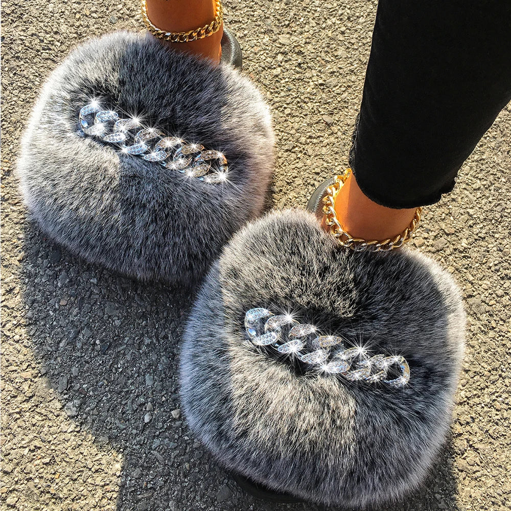 Real Fox Sandals Furry Fur Slippers Fluffy Diamond Chain Flip Flops Fur Slides For Women Ladies House Slippers Beach Designer