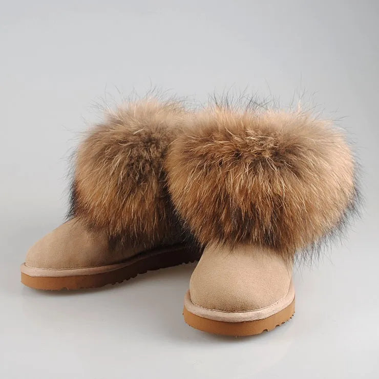 2022 Free Shipping! Brand Natural Furcowhideand 100% Fox Wool Winter Warm Cowhide Snow Boots Real Leather Women Shoes