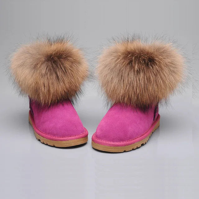 2022 Free Shipping! Brand Natural Furcowhideand 100% Fox Wool Winter Warm Cowhide Snow Boots Real Leather Women Shoes