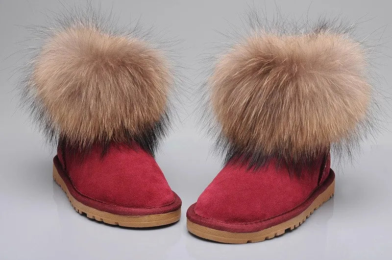 2022 Free Shipping! Brand Natural Furcowhideand 100% Fox Wool Winter Warm Cowhide Snow Boots Real Leather Women Shoes