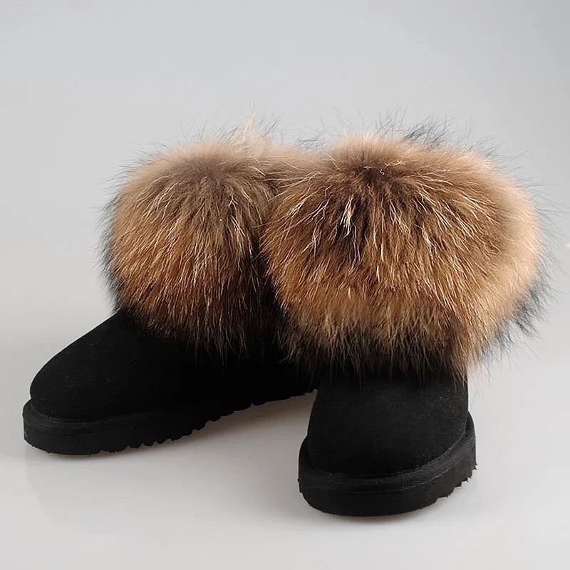 2022 Free Shipping! Brand Natural Furcowhideand 100% Fox Wool Winter Warm Cowhide Snow Boots Real Leather Women Shoes