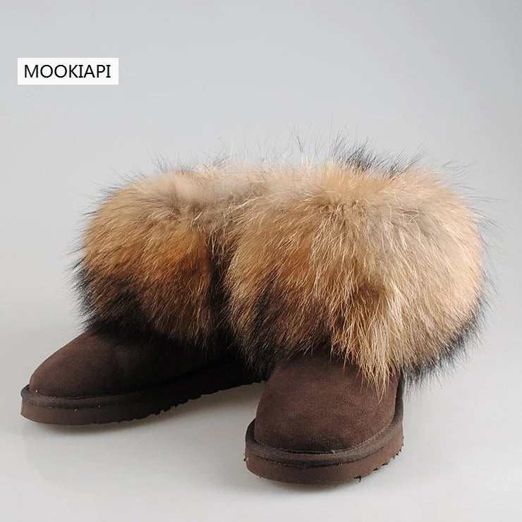 2022 Free Shipping! Brand Natural Furcowhideand 100% Fox Wool Winter Warm Cowhide Snow Boots Real Leather Women Shoes