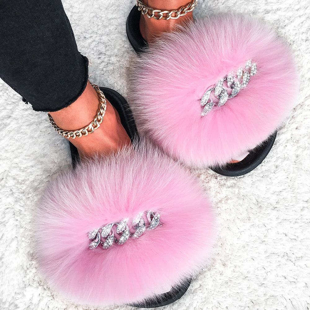 Real Fox Sandals Furry Fur Slippers Fluffy Diamond Chain Flip Flops Fur Slides For Women Ladies House Slippers Beach Designer