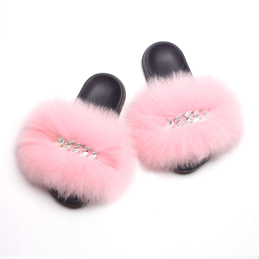 Real Fox Sandals Furry Fur Slippers Fluffy Diamond Chain Flip Flops Fur Slides For Women Ladies House Slippers Beach Designer