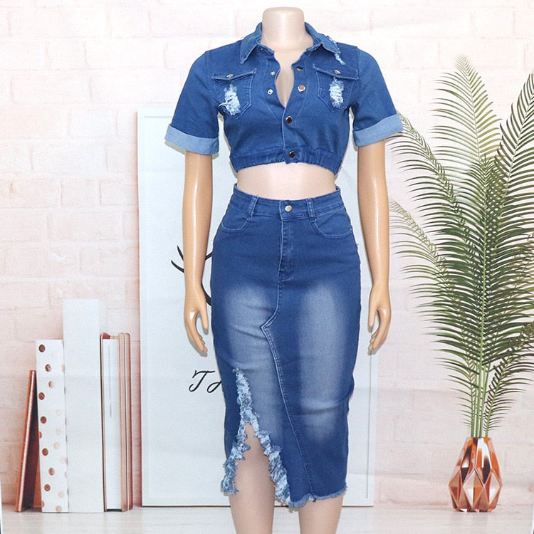African Summer Women's Sets Casual Slim Jeans Dress Women Short Jacket +tassel Skirt Jeans Denim 2 Piece Set Denim Matching Set