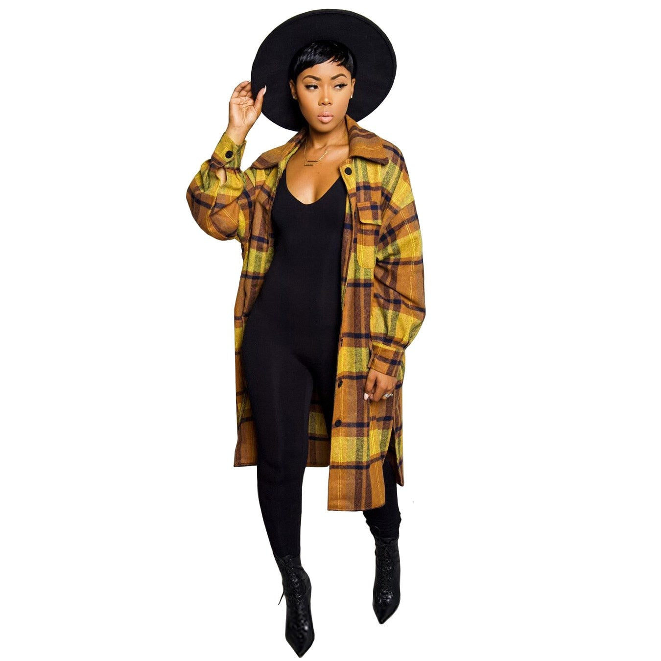 LW Plus Size Plaid Print Side Split Woolen Coat Regular Sleeve Full Print Turndown Collar Casual women's Woolen Coat