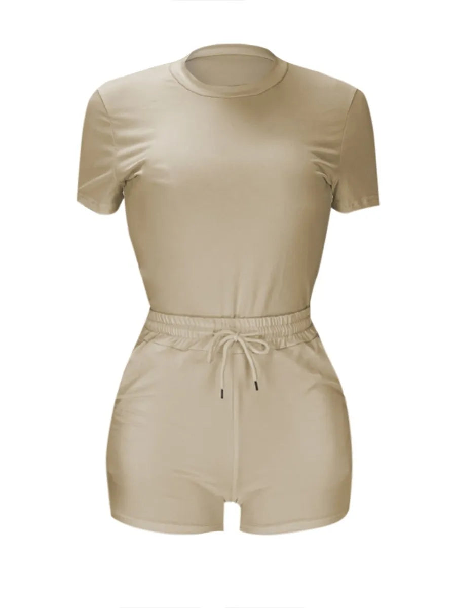 LW Plus Size Shorts Set Pocket Design Drawstring Shorts Set Women's T-shirt+Hot Pants Two Piece Set 2023 Summer Casual set