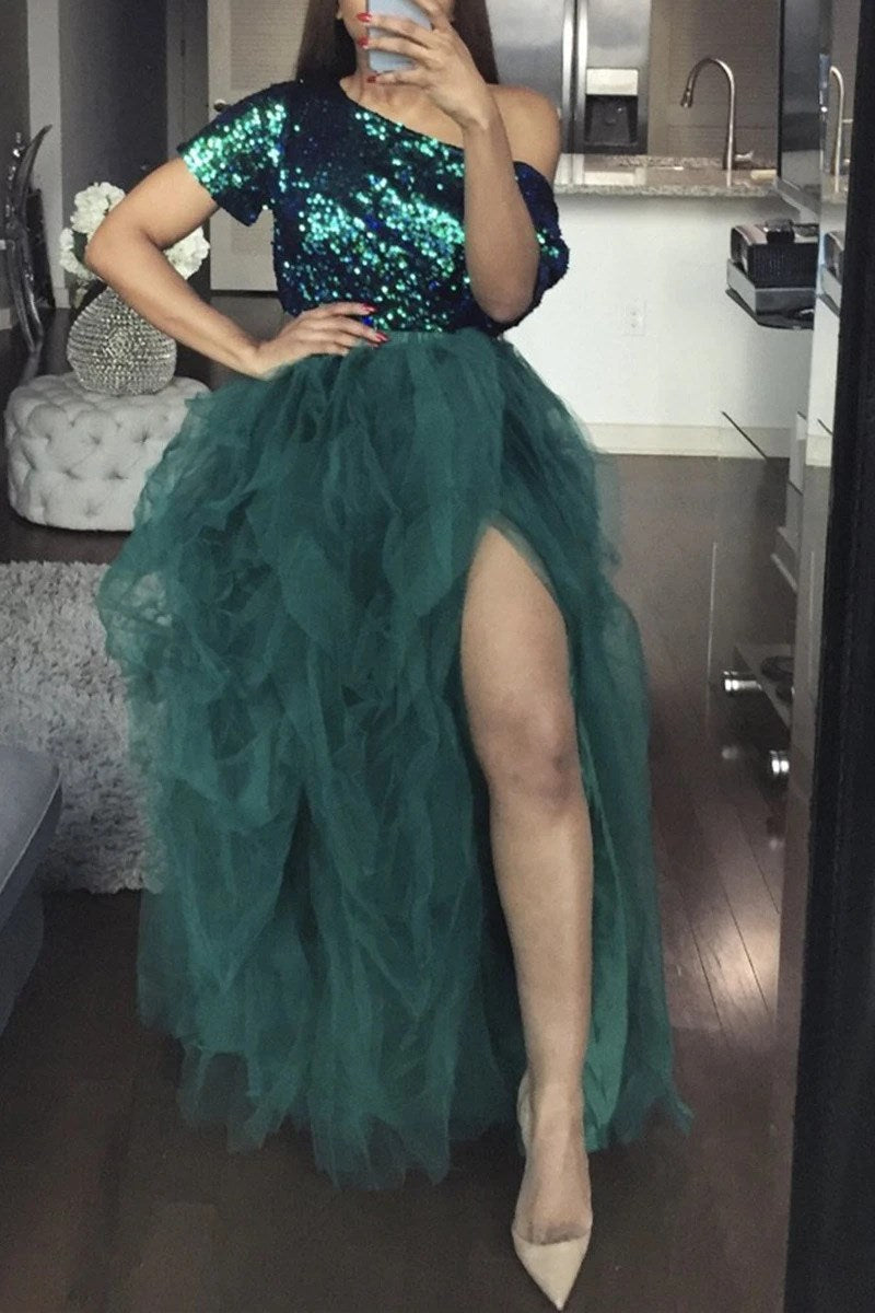 LW Plus Size Split Ball Gown Puffy Skirt 2022 Casual Elastic Mesh Puffy Women's Irregular Ball Gown Lady Oversize Tulle Skirt