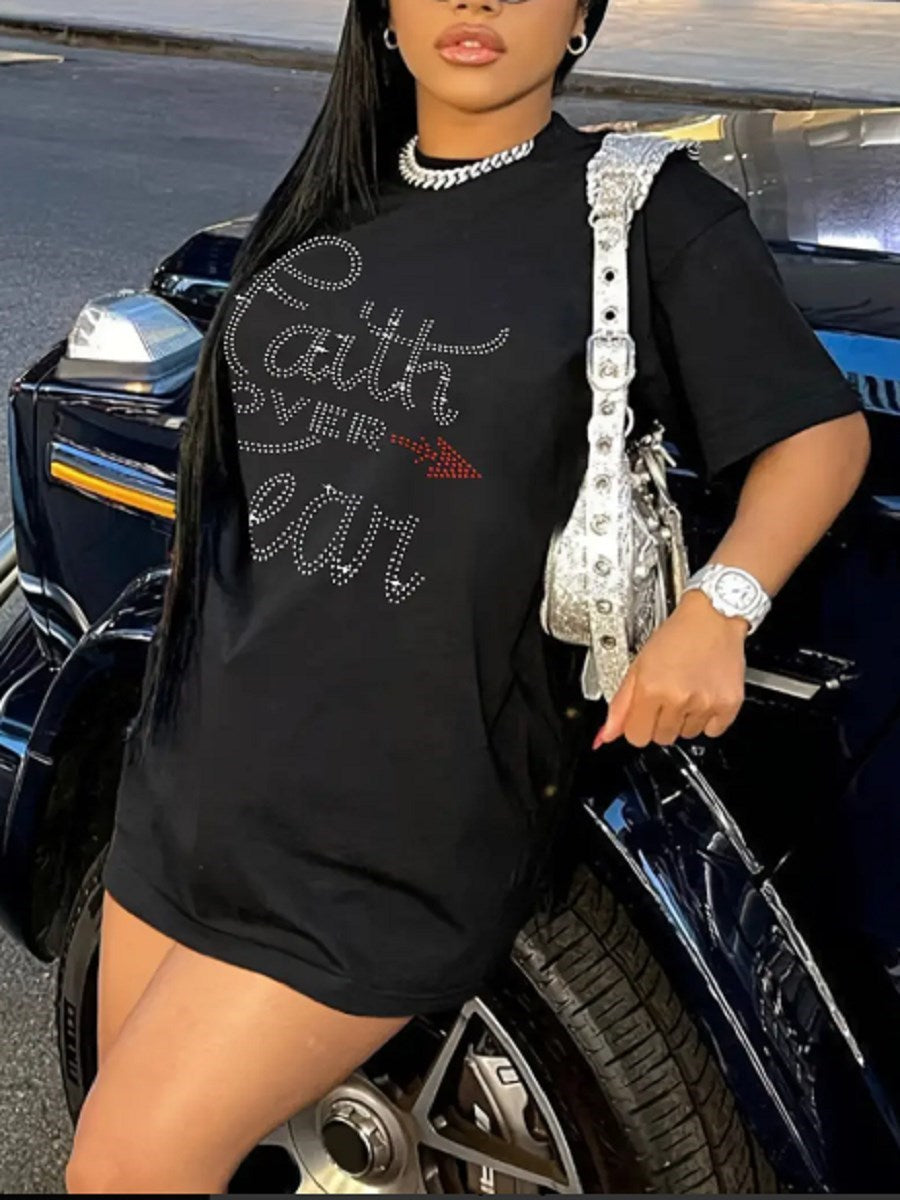 LW Plus Size Dress summer Women's Plus Rhinestone Letter Short Sleeve Slight Stretch Tee Dress Elegant Woman Dress for Party