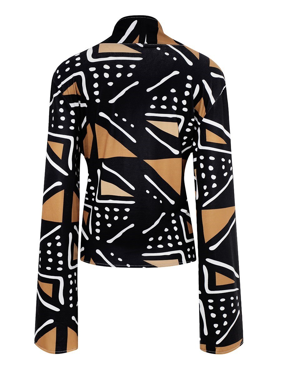 LW Plus Size Geometric Print Split Sleeve Coat (Without Belt) Single Breasted Turndown Collar Tribal Autumn Fashion Streetwears