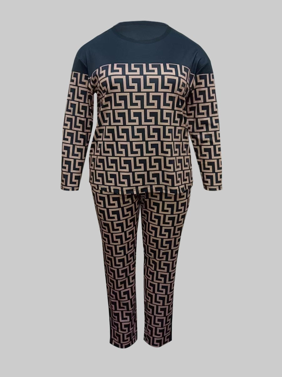 LW Plus Size Geo Print Patchwork Pants Set 2022 Tracksuits Women Elegant Two-Pieces Suit Female Greek Fret Print Coat & Pant set