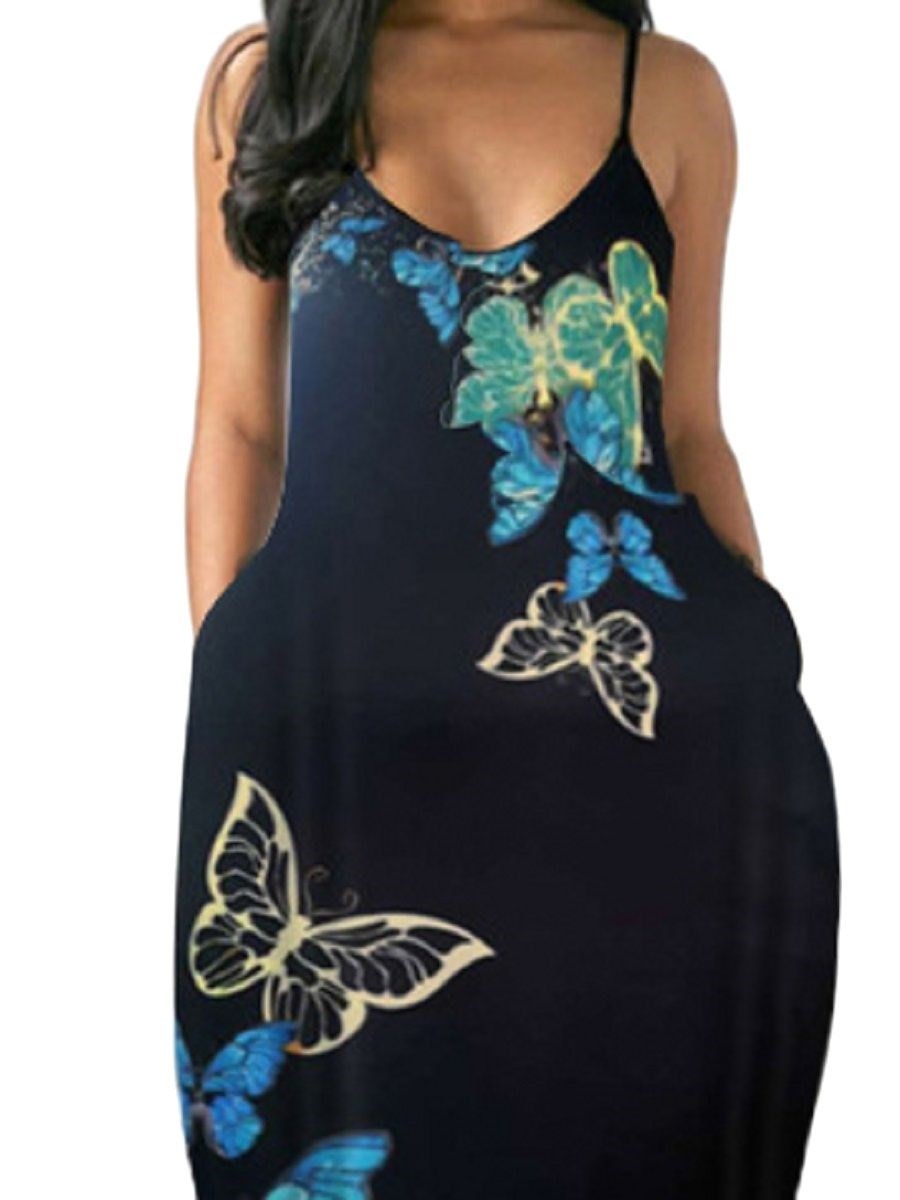 LW BASICS Plus Size Women's Dress Butterfly Print A Line Cami Dress Summer Backless Maxi Dress Floral Print Formal Party Dresse