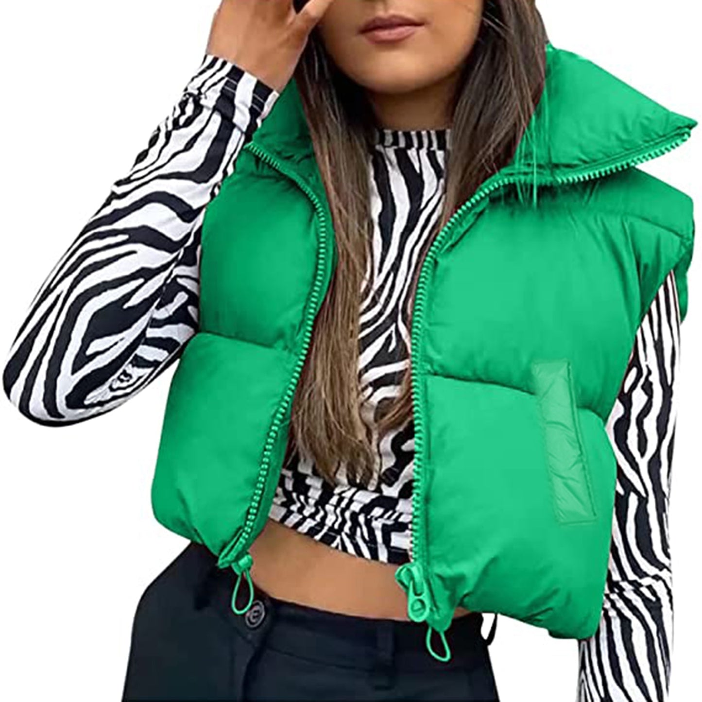 Women Winter Warm Crop Puffer Vest Sleeveless Drawstring Waistcoat Outerwear Padded Gilet Jacket Coat Outdoorwear