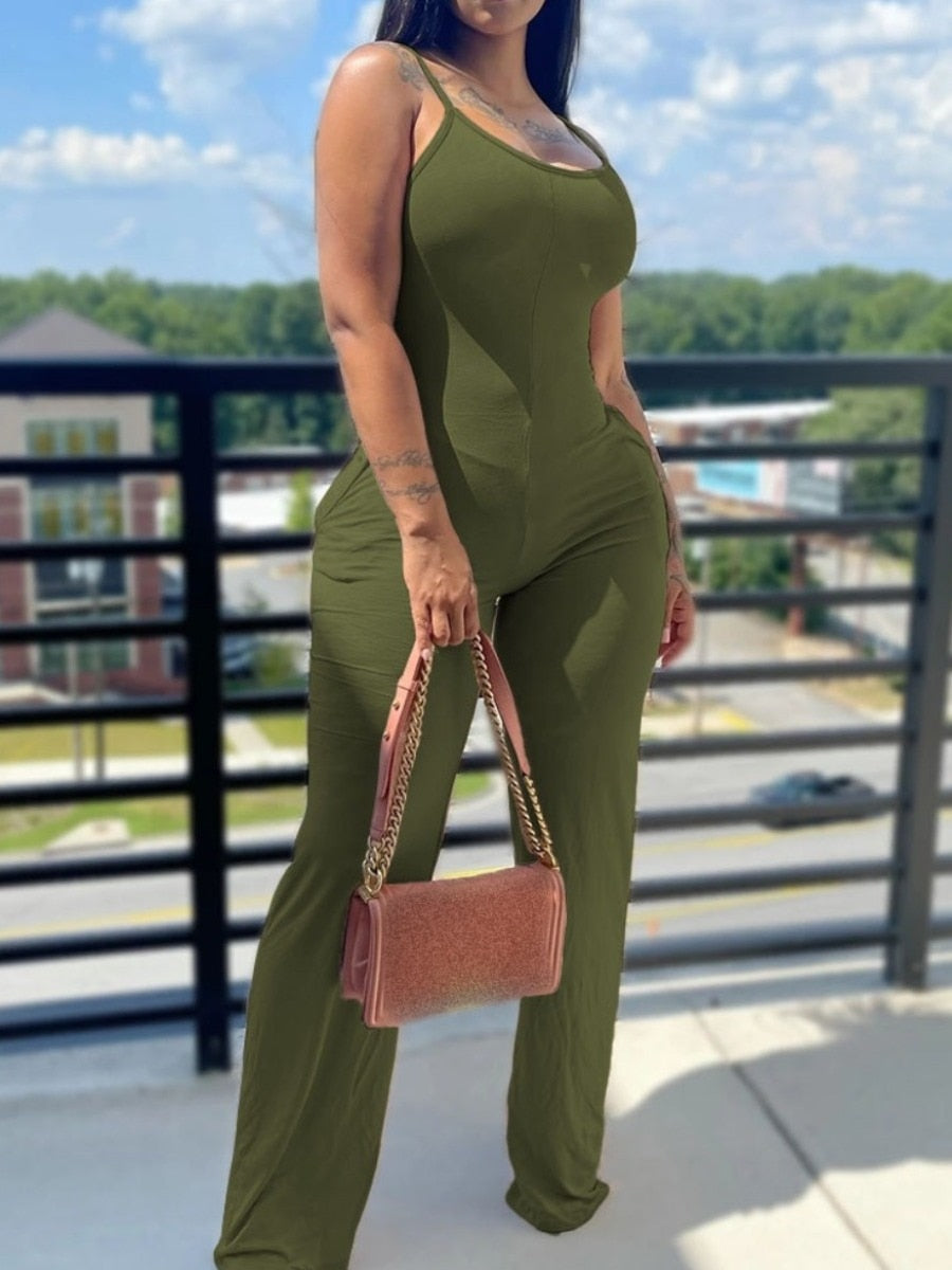 LW Women's Jumpsuit BASICS Plus Size Pocket Design Solid Skinny Jumpsuit Casual Sleeveless Long Skinny Suspender Jumpsuit