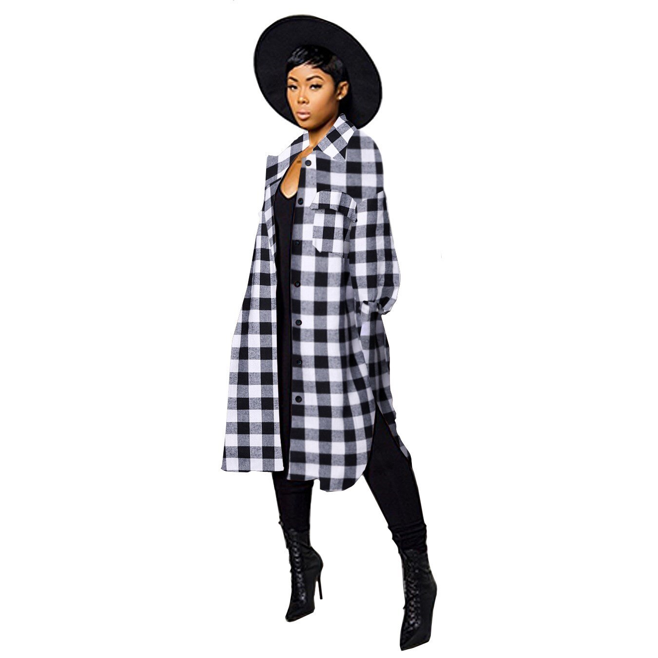 LW Plus Size Plaid Print Side Split Woolen Coat Regular Sleeve Full Print Turndown Collar Casual women's Woolen Coat