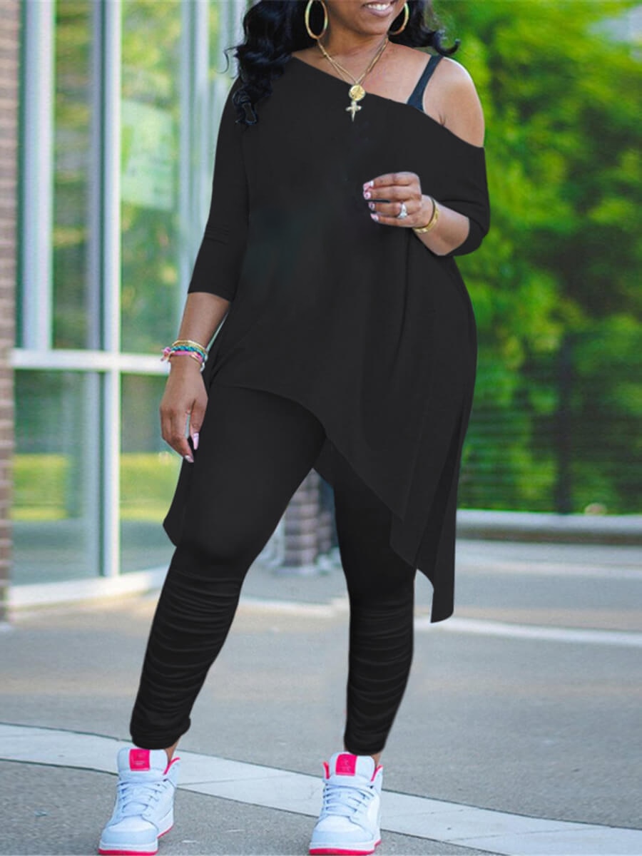 LW Plus Size Women's Set Asymmetrical Fold Design Pants Set 2023 Autumn long sleeve top + Legging Pants Outfit Tracksuit