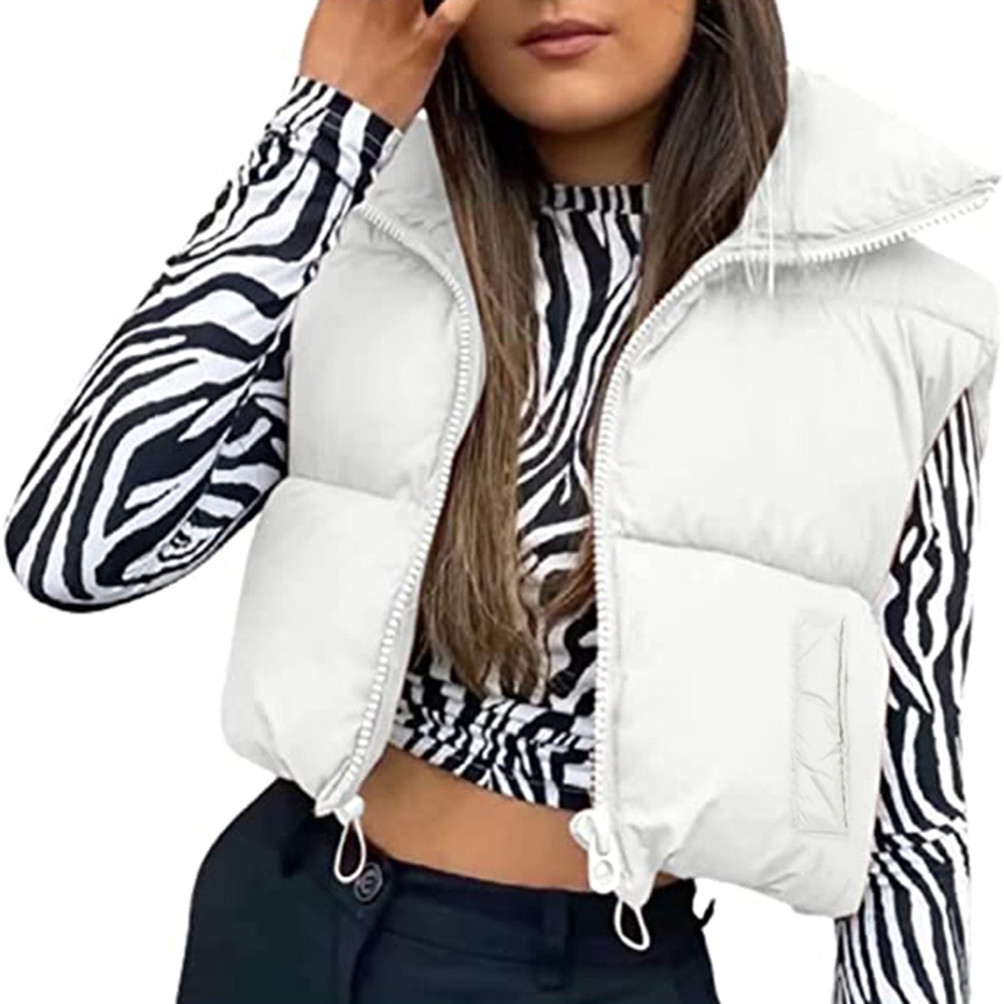 Women Winter Warm Crop Puffer Vest Sleeveless Drawstring Waistcoat Outerwear Padded Gilet Jacket Coat Outdoorwear