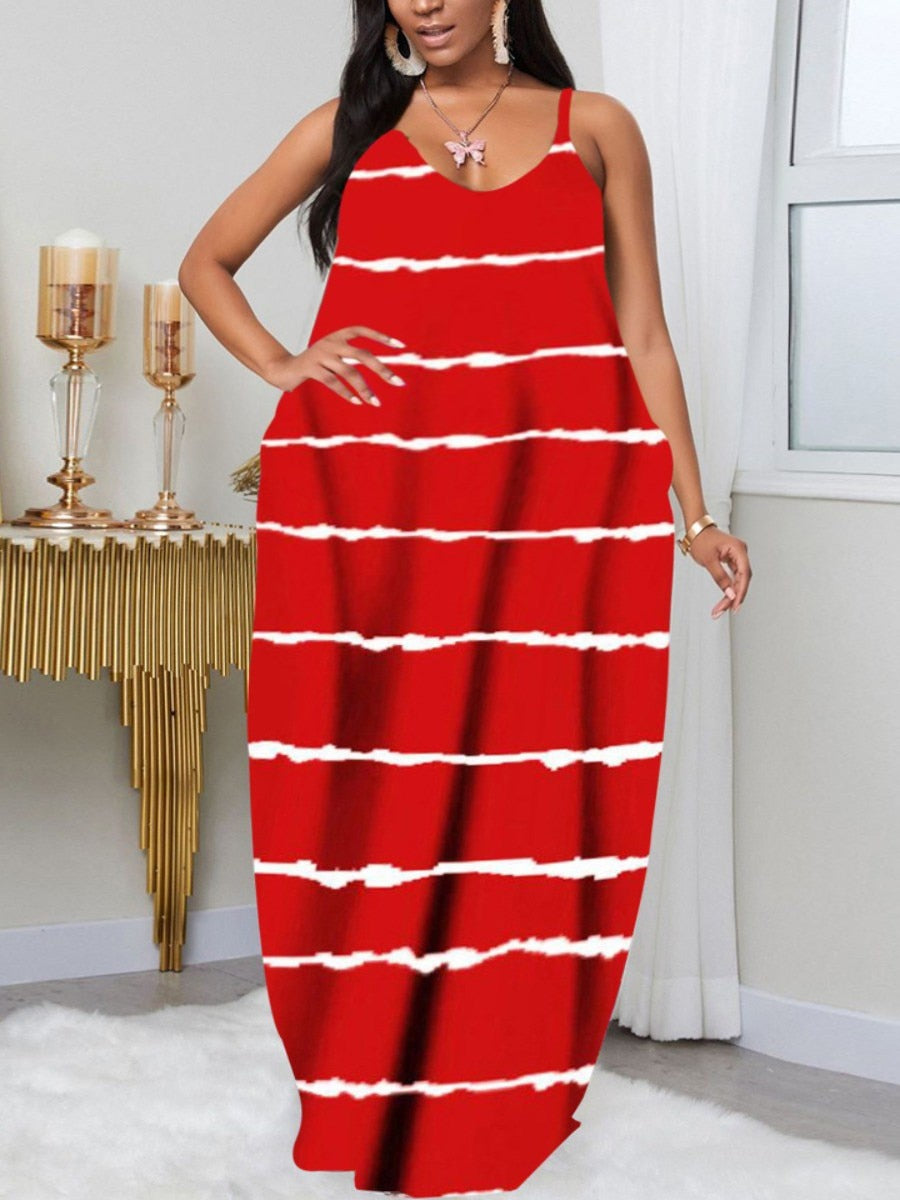 LW Plus Size summer dress Casual V Neck Print Dark Blue Floor Length A Line Dress V Neck 2023 NEW casual women's dress
