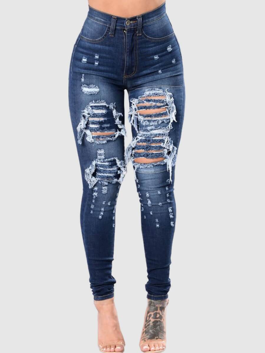 LW High Stretchy High-Waist Raw Edge Ripped Jeans Pencil Pants For Women Skinny Solid Color Fashion Streetwears(3 Colors)