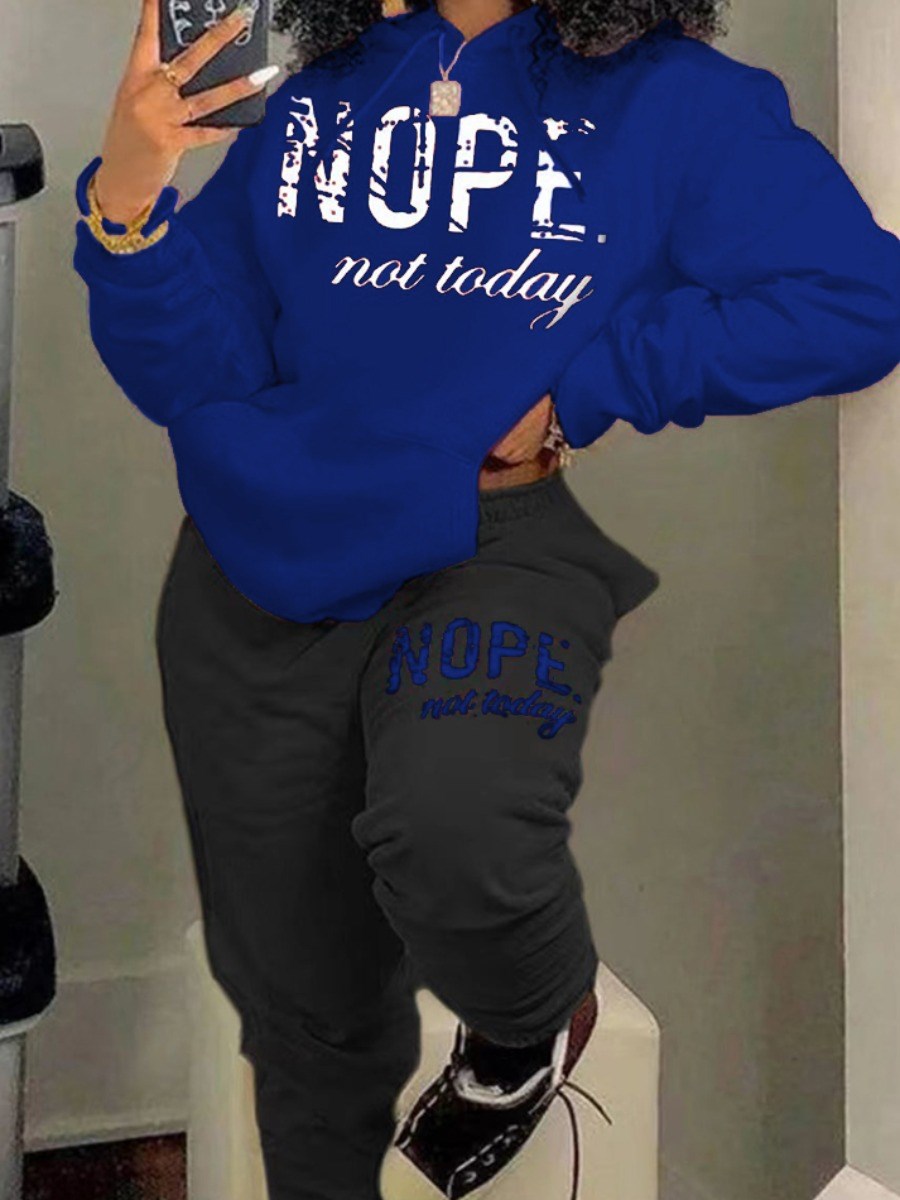 LW Plus Size Women's Tracksuit Nope Not Today Letter Print Tracksuit Set Long Sleeve Hooded Sport Suits Autumn Warm Sweatshirts