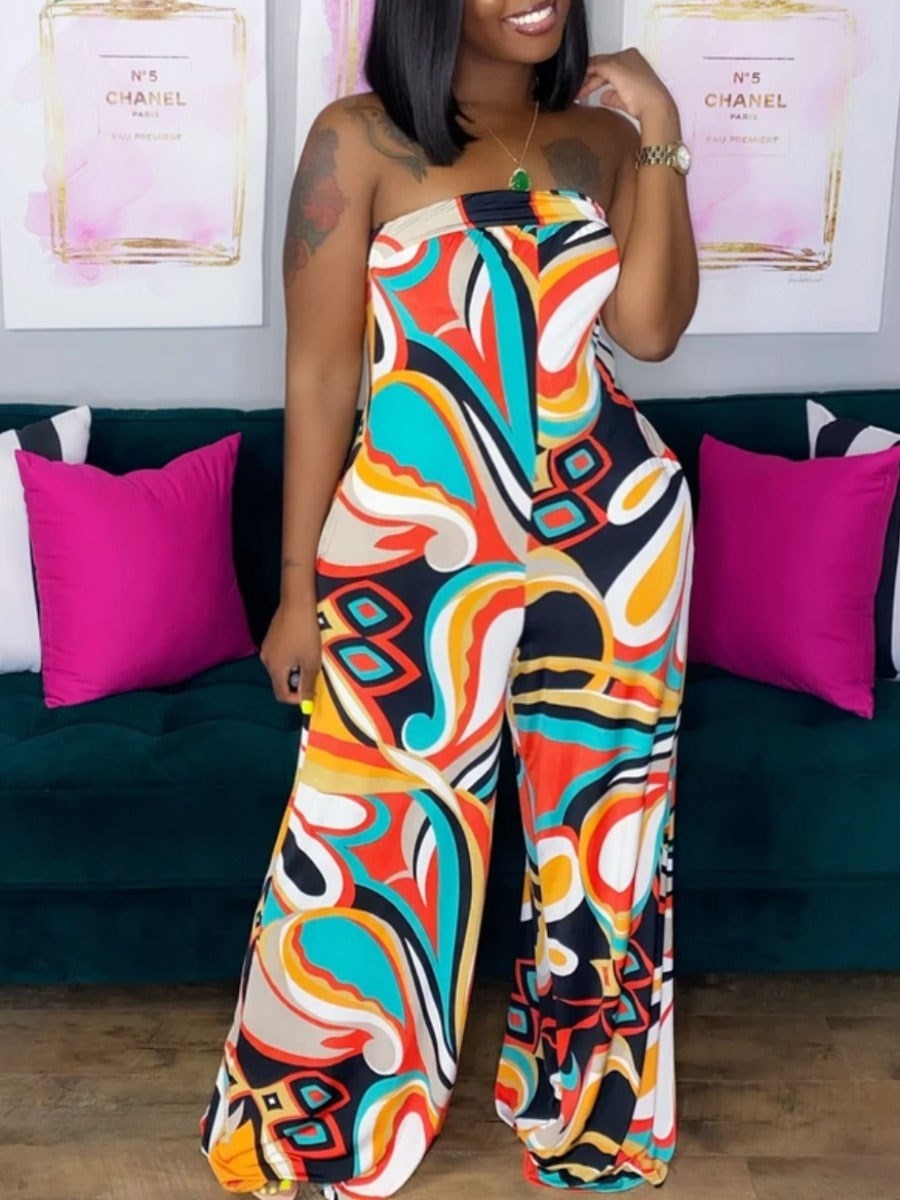 LW Plus Size Off The Shoulder Mixed Print Jumpsuit Women's New Fashion Jumpsuit sexy lady jumpsuits Loose Leg jumpsuits Pants