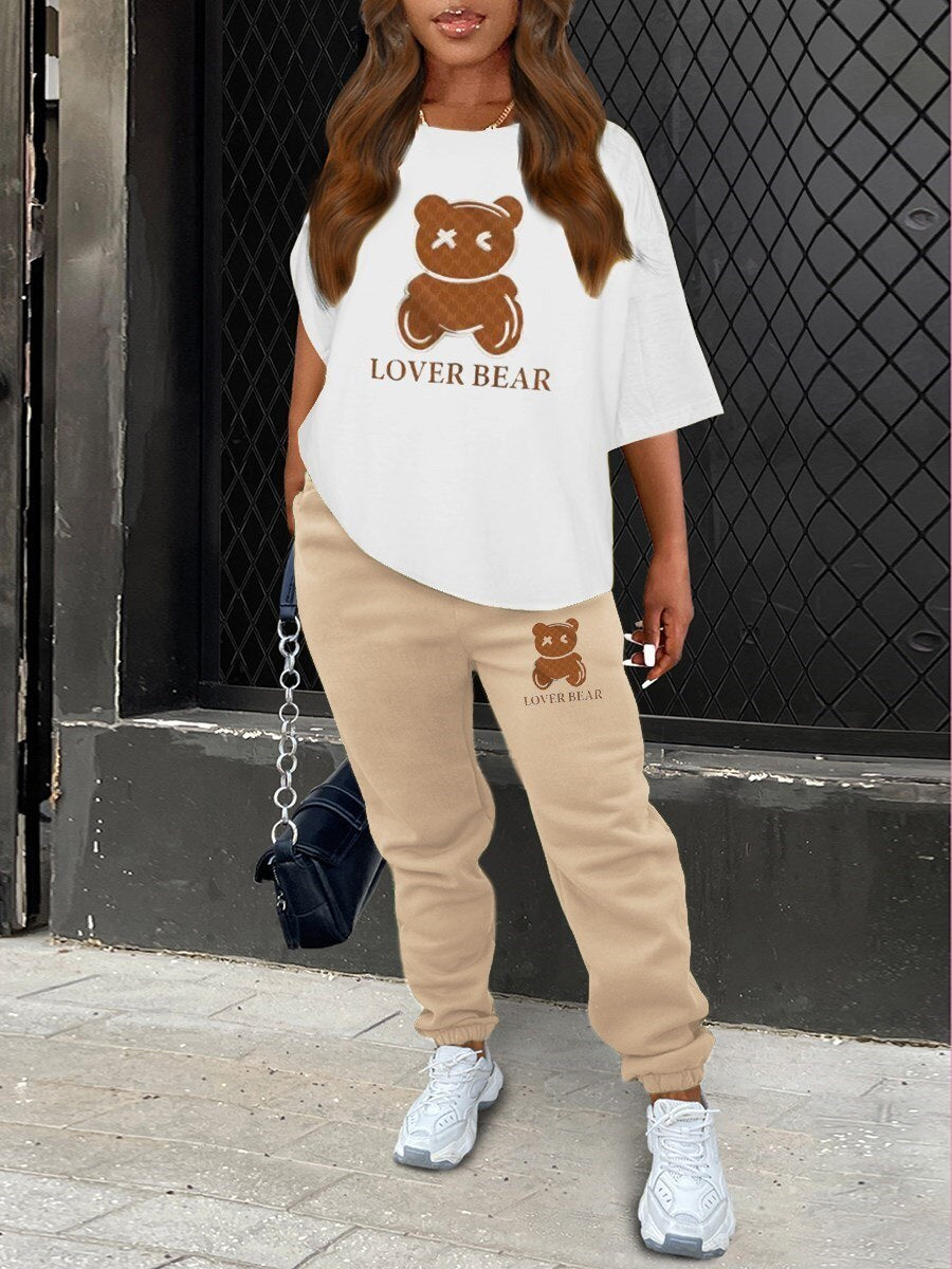 LW Plus Size summer 2pcs set Lover Bear Letter Print Pants Set Casual Round Neck women's short Sleeve + pants set