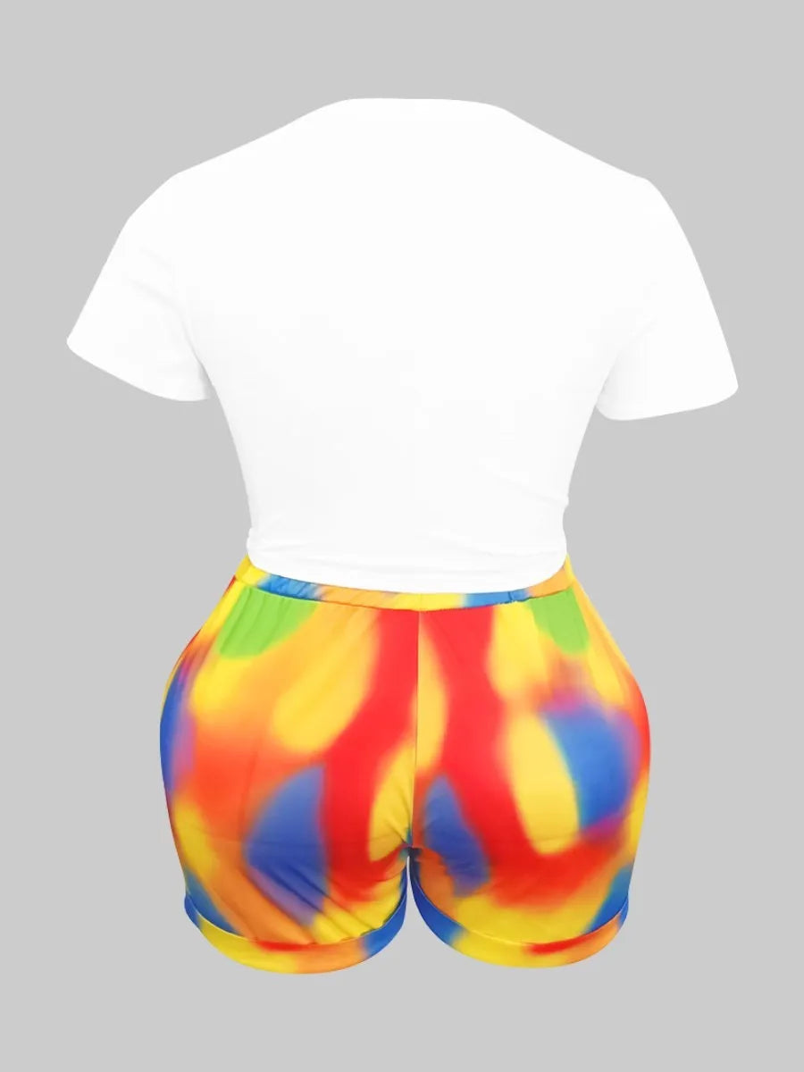 LW Plus Size Shorts Set Lip Money Print Tie-dye Twilled Satin Casual Graffiti O Neck Stretchy Summer Outfits