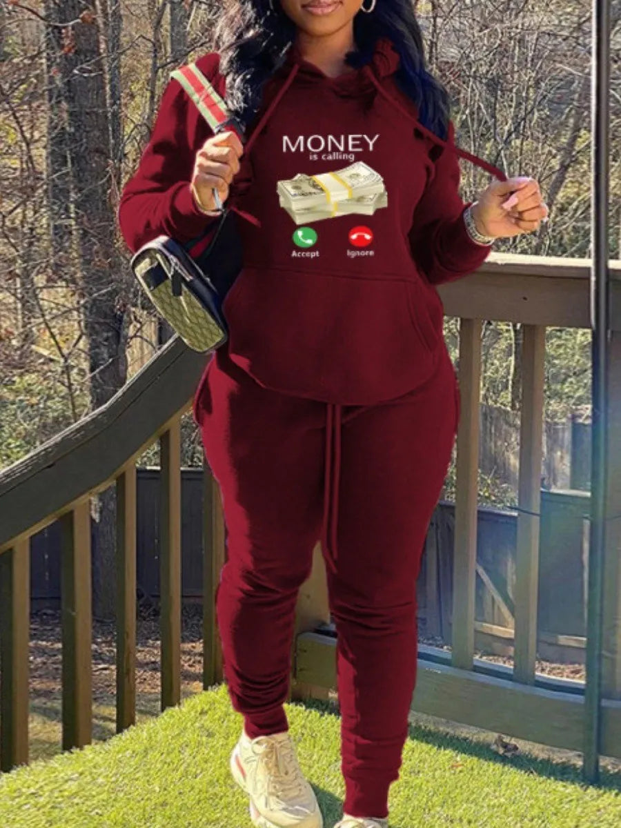 LW Plus Size Two Piece Sets Money Letter Print Kangaroo Pocket Tracksuit Set Women's Tracksuit Casual Hooded Sport Suits