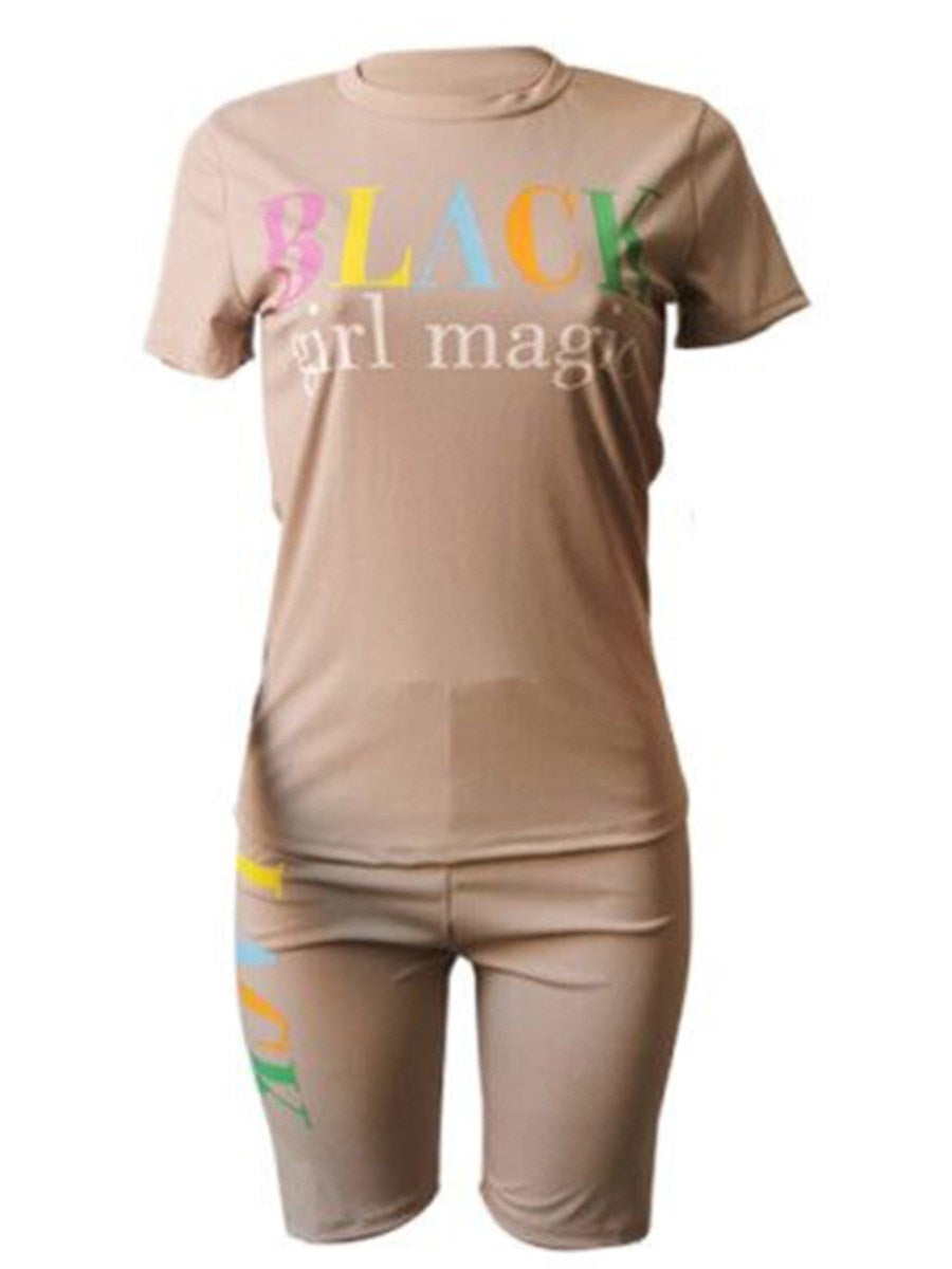 LW Plus Size Two Piece Set Girl Magic Letter Print Shorts Set Short Sleeve T-shirt & Ladies High Waist Shorts Pants Set Outfits