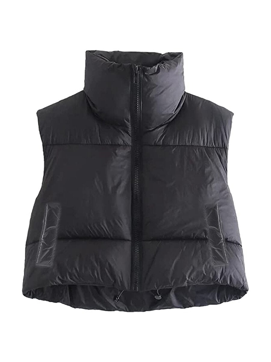 Women Winter Warm Crop Puffer Vest Sleeveless Drawstring Waistcoat Outerwear Padded Gilet Jacket Coat Outdoorwear