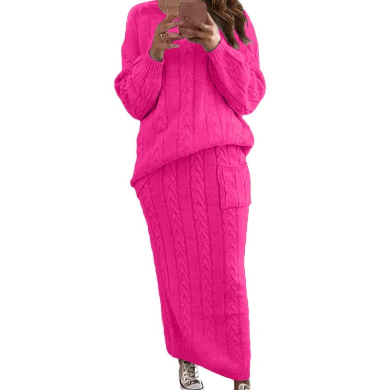 LW Plus Size Dropped Shoulder Jumpers Sweater Skirt Set Autumn Winter Two Piece Set Women Winter Long Sleeve Warm Knitted Outfit