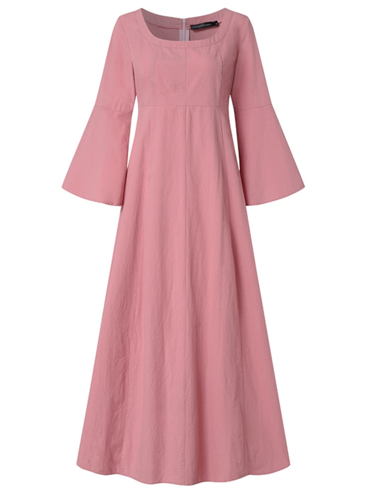 2023 ZANZEA Women Autumn Dress Vintage Square Collar Long Flare Sleeve Sundress Loose Party Dresses Robe Casual Cotton Vestido7
