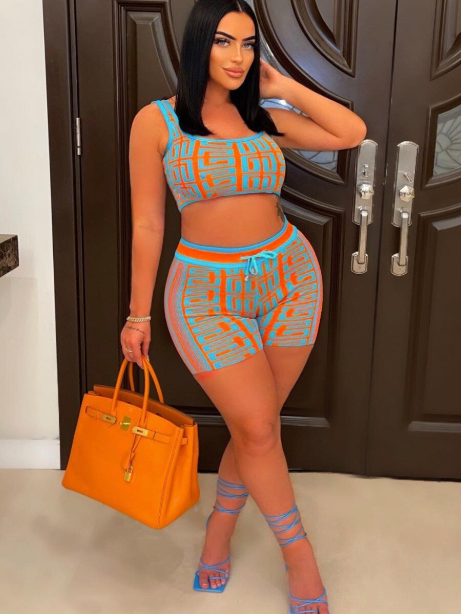 LW Plus Size Crop Top Drawstring Shorts Set Fashion Casual Summer Women's Suit Two-piece tank Top +Pants Set Slim Two-piece Suit