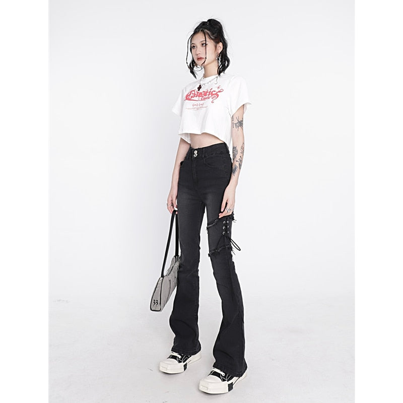 Women's Clothing Flare Jeans Black Lacing High Waist Stretchy Self Cultivation Vintage Casual Baggy Ladies Denim Trouser Summer