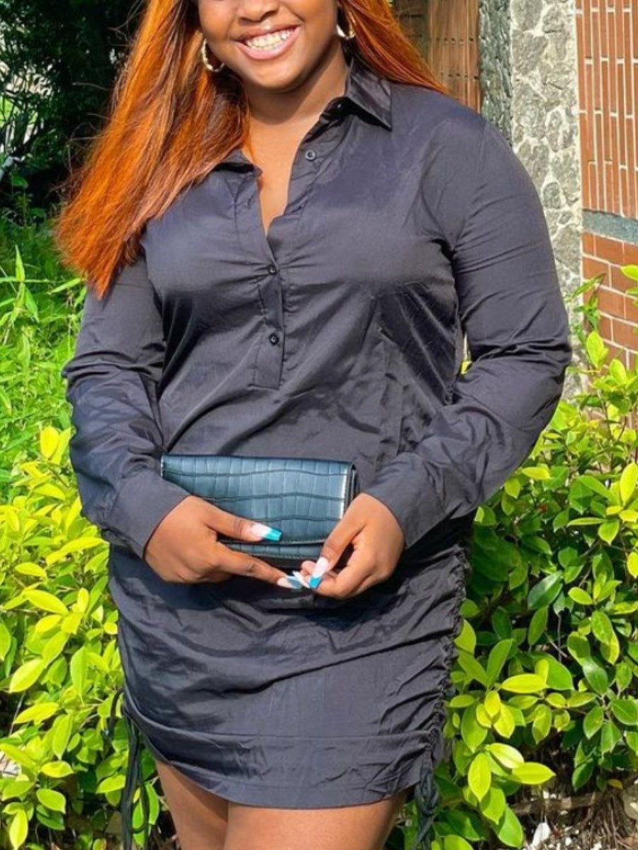 LW Plus Size Turndown Collar Drawstring Dress Casual Shirt Mini Long Sleeve Daily Fashion 2022 Women Chic Streetwears