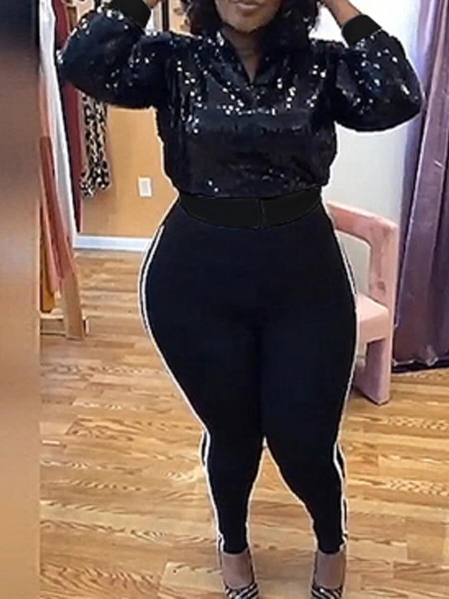 LW Plus Size Sequined Print Jacket Autumn Long Sleeved Outerwear Jackets Women's New Casual Loose Night Club Hip Hop Coats