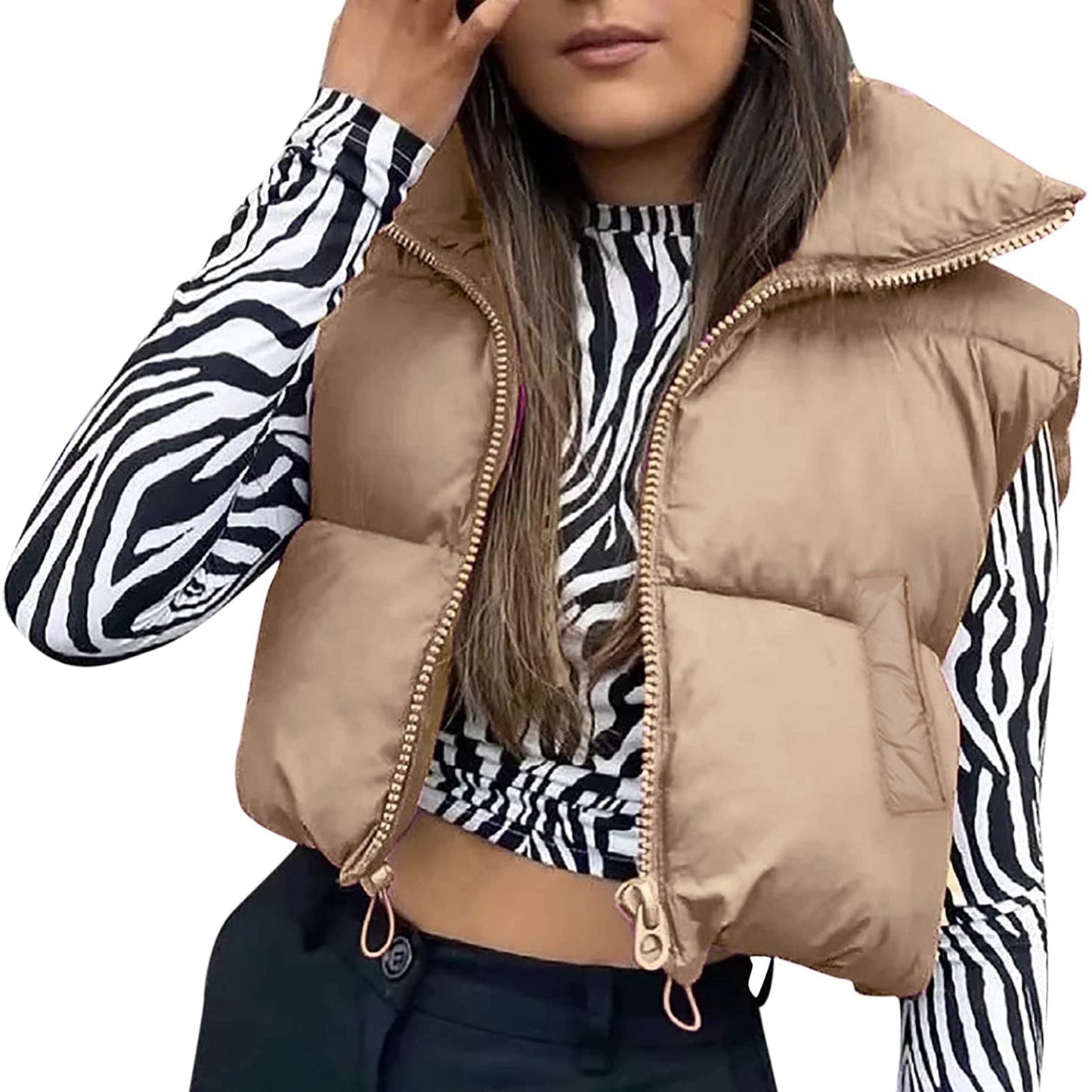 Women Winter Warm Crop Puffer Vest Sleeveless Drawstring Waistcoat Outerwear Padded Gilet Jacket Coat Outdoorwear