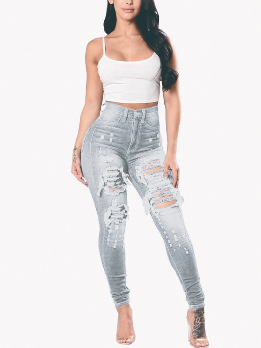 LW High Stretchy High-Waist Raw Edge Ripped Jeans Pencil Pants For Women Skinny Solid Color Fashion Streetwears(3 Colors)