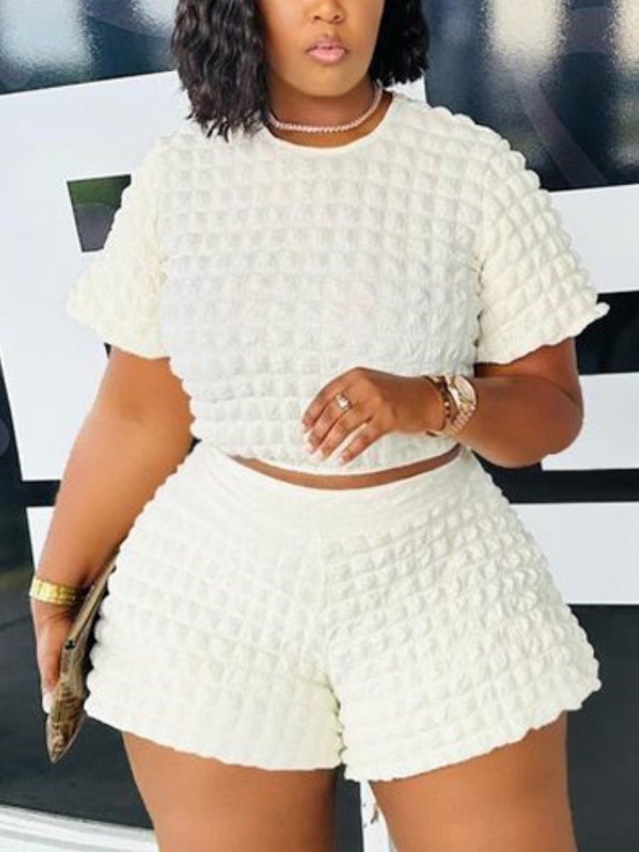 LW Plus Size summer two pieces set Crop Top Waffle Knit Shorts Set Women Summer Short Sleeve T-shirt & shorts Women's Suits
