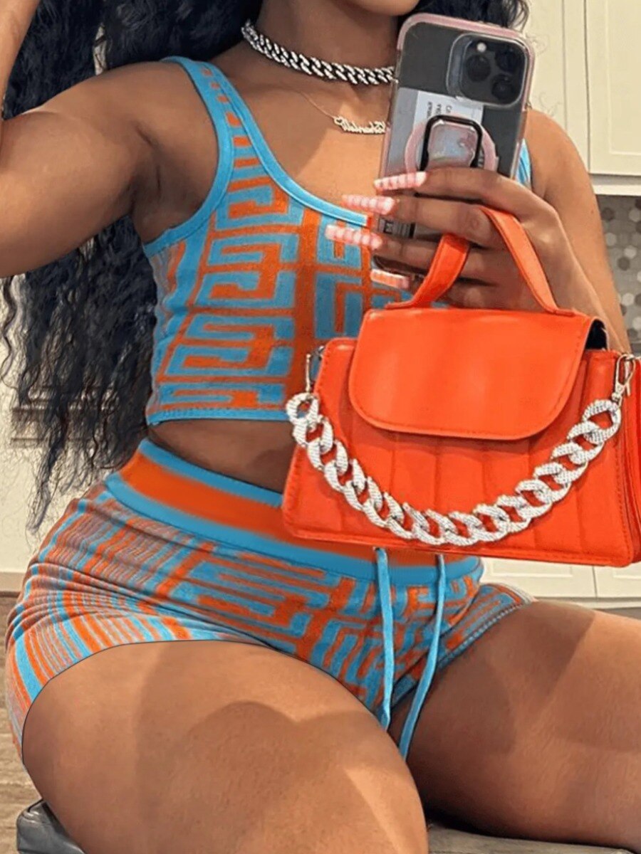LW Plus Size Crop Top Drawstring Shorts Set Fashion Casual Summer Women's Suit Two-piece tank Top +Pants Set Slim Two-piece Suit