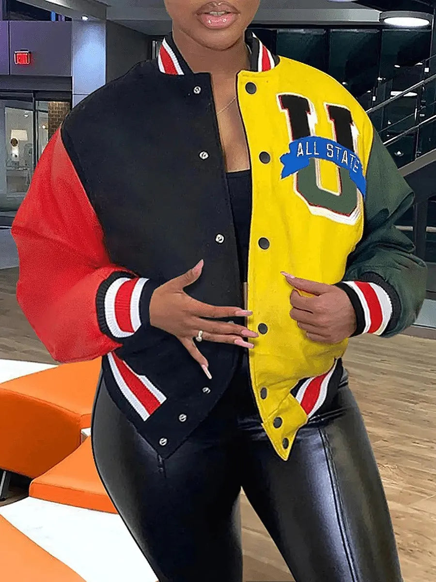 LW Plus Size Letter Decor Patchwork Jacket coat women's Y2K street hip-hop retro baseball uniform couple casual all-match jacket