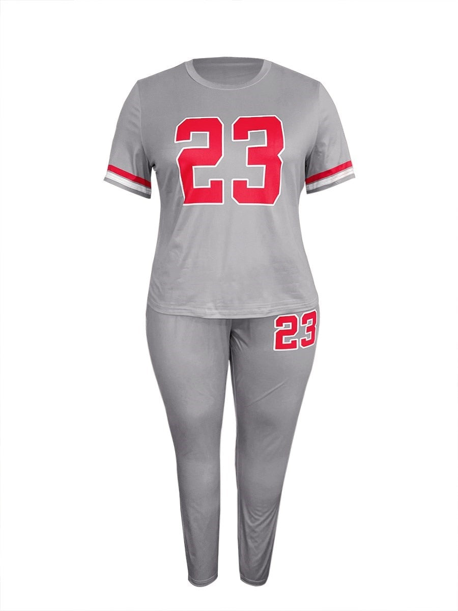 LW Plus Size Women summer Casual Loose 2 Piece Set Letter Print Pocket Design Pants Set short sleeve & legging sport set