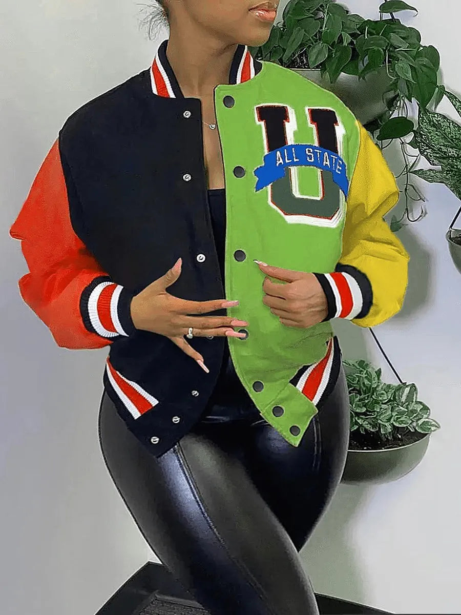LW Plus Size Letter Decor Patchwork Jacket coat women's Y2K street hip-hop retro baseball uniform couple casual all-match jacket